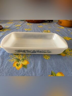 Cream Rectangular Bakeware Dish with Curriers  Ives Motif